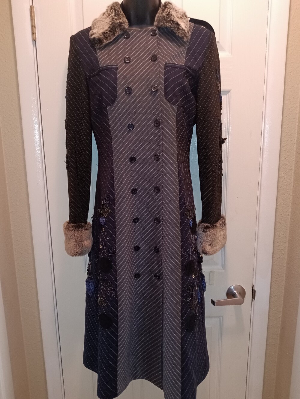 Price Firm Vintage Sue Wong Matching Coat & Dress Set Sz6 Black Blue Grey Beaded - Picture 5 of 12